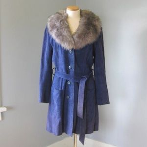 1970s Vintage Royal Blue Suede and Grey Shearling Penny Lane Winter Coat